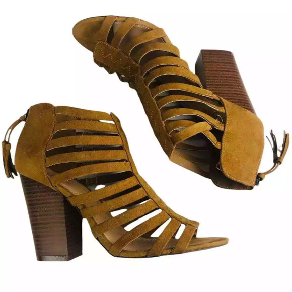 JustFab Womens Romina Cognac Strappy Peep Toe Faux Suede Heeled Sandals Size 10 - Picture 2 of 9